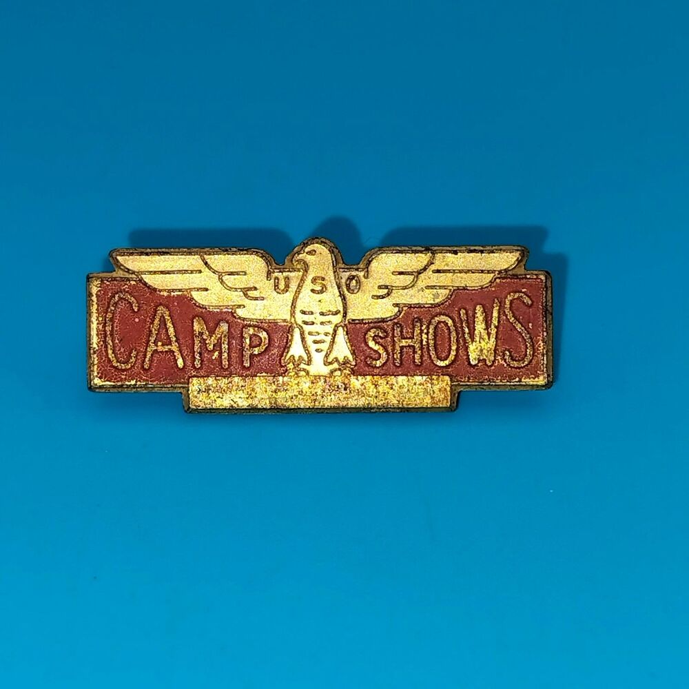 Vintage USO Camp Shows Eagle Pinback Badge Bastian Bros Military Pin
